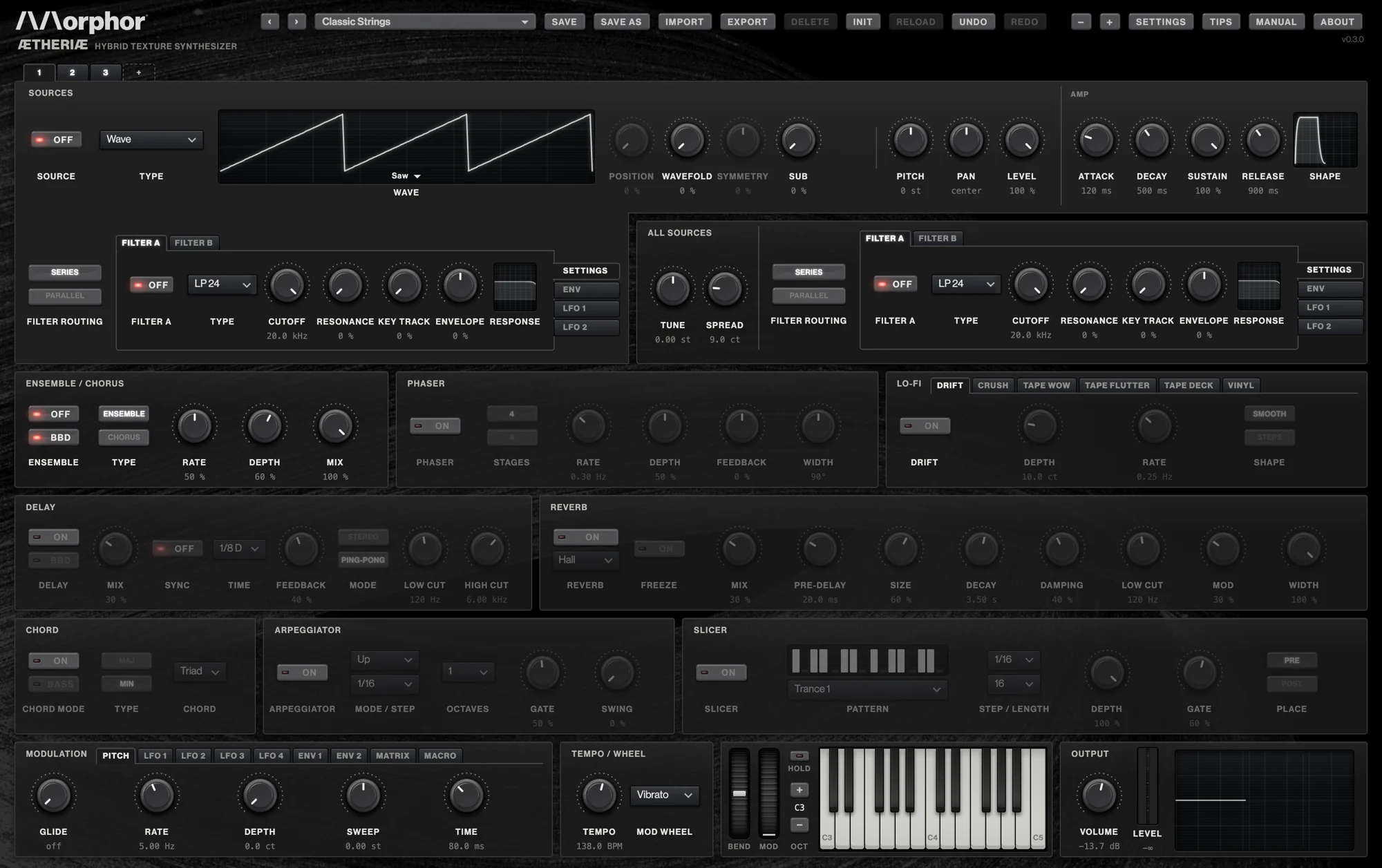 The Aetheriae panel in its Dark 3D theme, the preset Classic Strings loaded