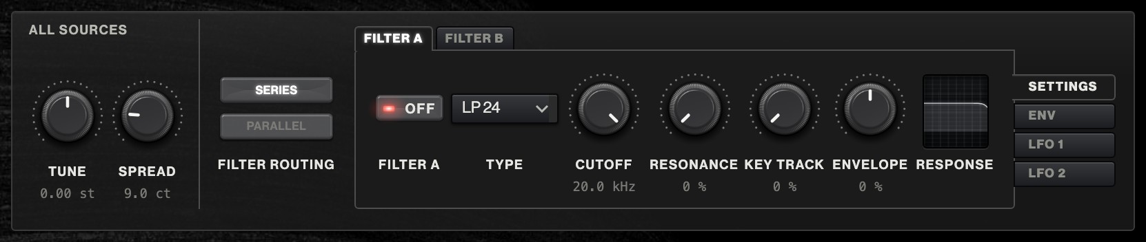 All sources: Tune, Spread and the master filter, in the corner of the Sources section