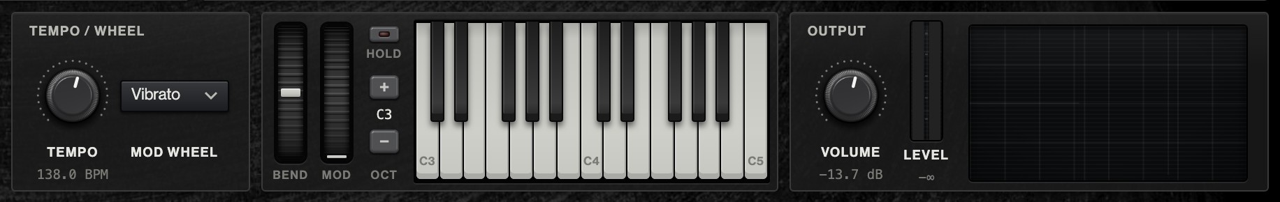 Tempo and the mod wheel's setting, the wheels, Hold over the octave buttons, the keyboard, and the output