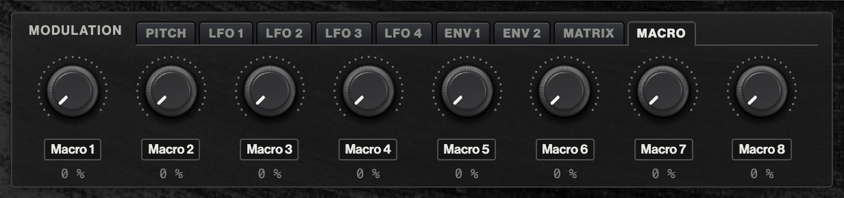 The Macro tab: eight knobs, each with its name