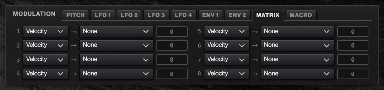 The matrix: eight rows of a source, an amount and a destination