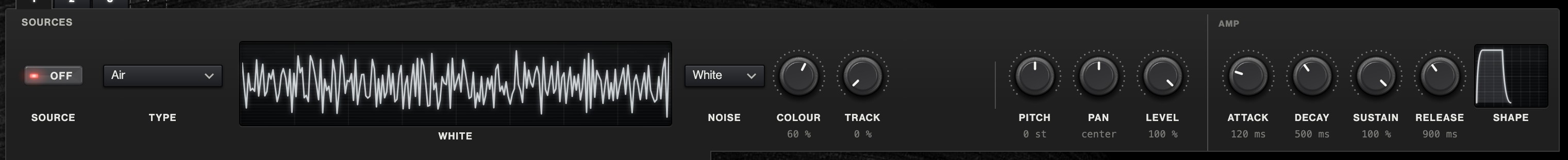 An Air source: the drawing of its noise, Noise, Colour and Track, then Pitch, Pan and Level