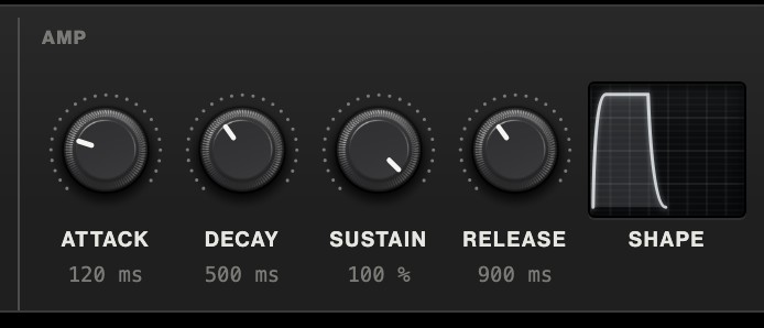 A source's Amp part, at the top right of its tab: Attack, Decay, Sustain, Release and the shape drawn