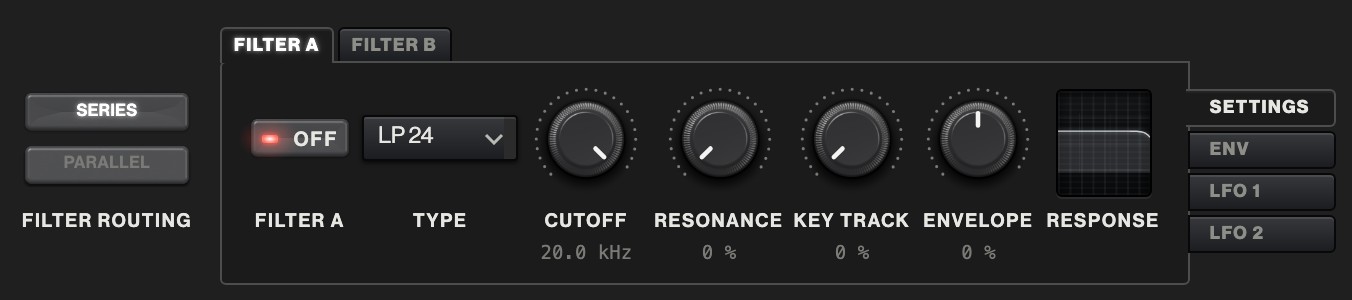 A source's lower half: Filter A on its Settings tab, the Filter routing switch, the Filter A and Filter B tabs and the upright page tabs